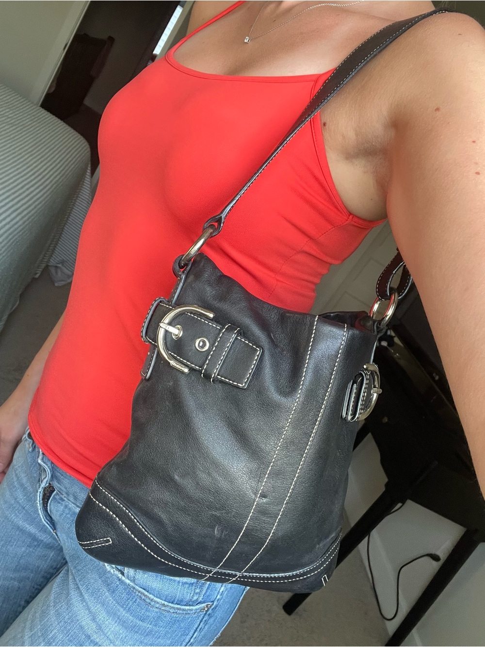 Coach Black Leather Shoulder Bag with Silver Hardware